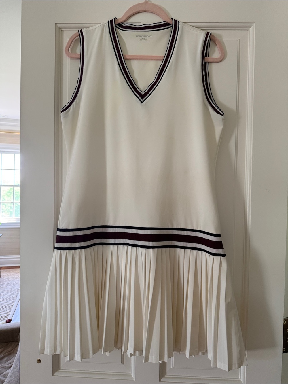 Tory Sport Sleeveless Pleated Tennis Dress with Navy & Burgundy Trim, XL